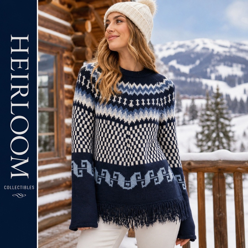 Heirloom Collectibles Sweater Women L Navy Fair Isle Nortic Fringe Boho Knit Ski